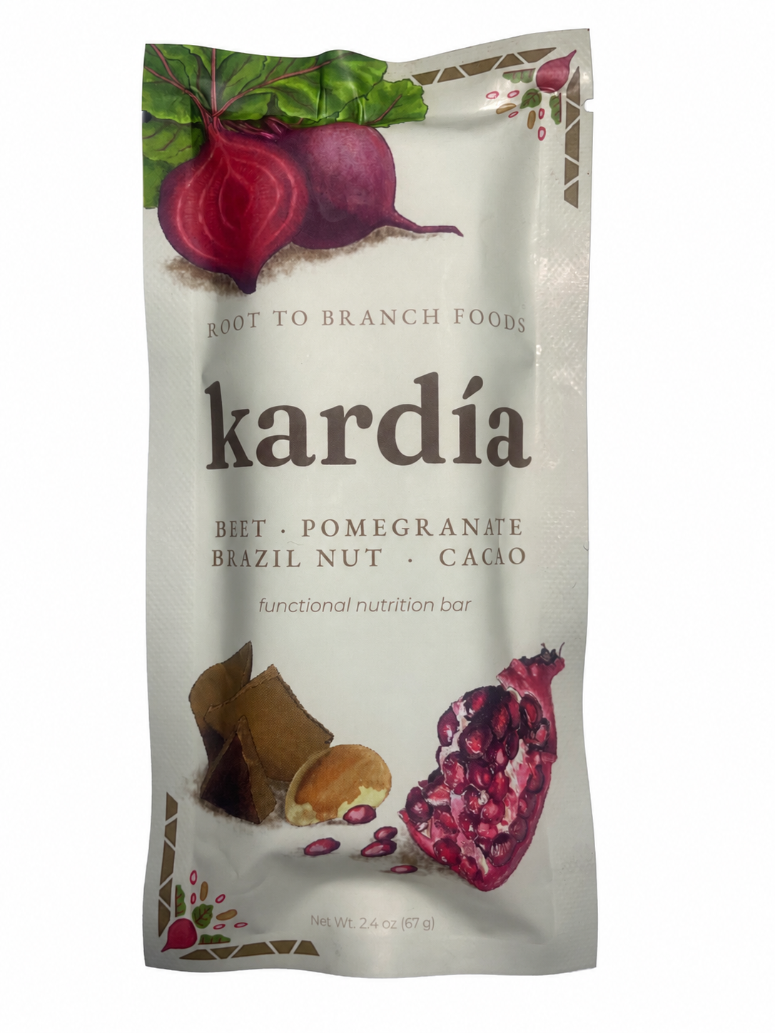 kardía wrapper featuring beet, pomegranate, Brazil nut, and cacao